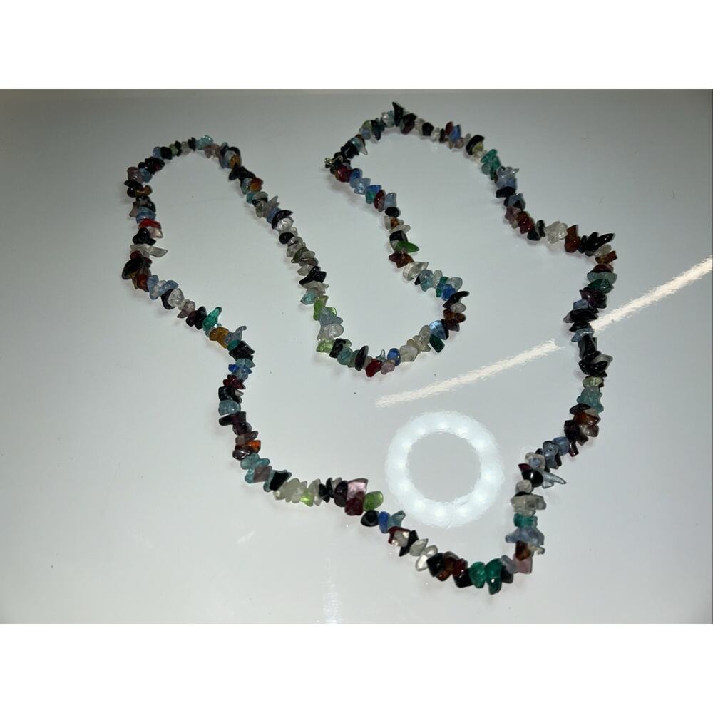 Multi Color Stone Necklace Assorted Gems Chip Long Chakra Energy 17 1/2